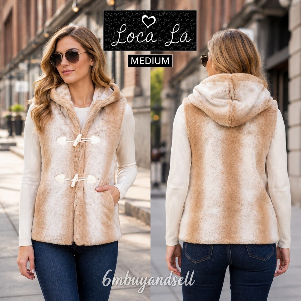 Loca La Womens Faux Fur Hooded Vest Tan Cream Striped‎ Toggle Front Size Medium